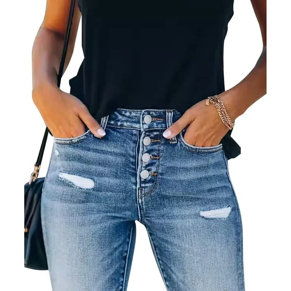 Women's Ripped Skinny Stretch Denim Jeans Frayed Distressed Casual
